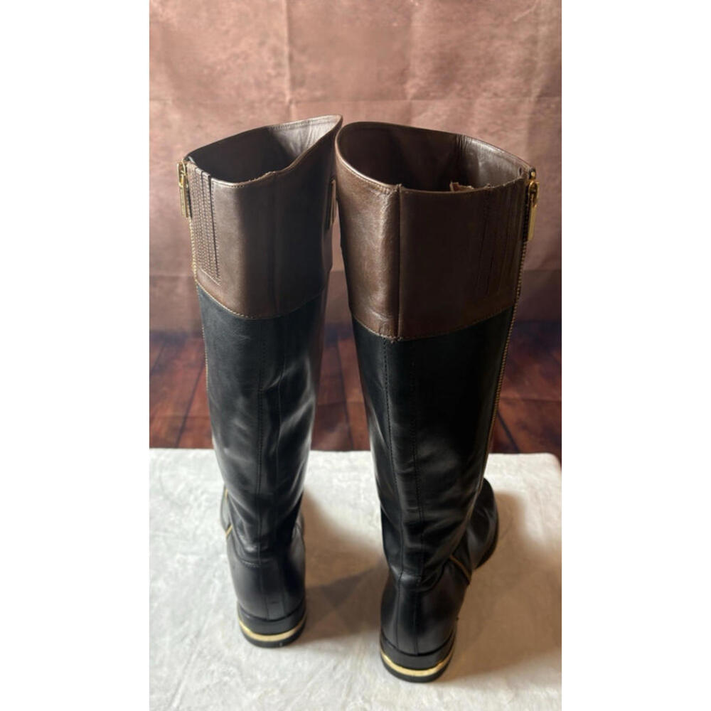 Michael Kors Hayley Black/Brown Two Tone Leather Side Zip Riding Boots Sz 9.5M - Picture 2 of 6